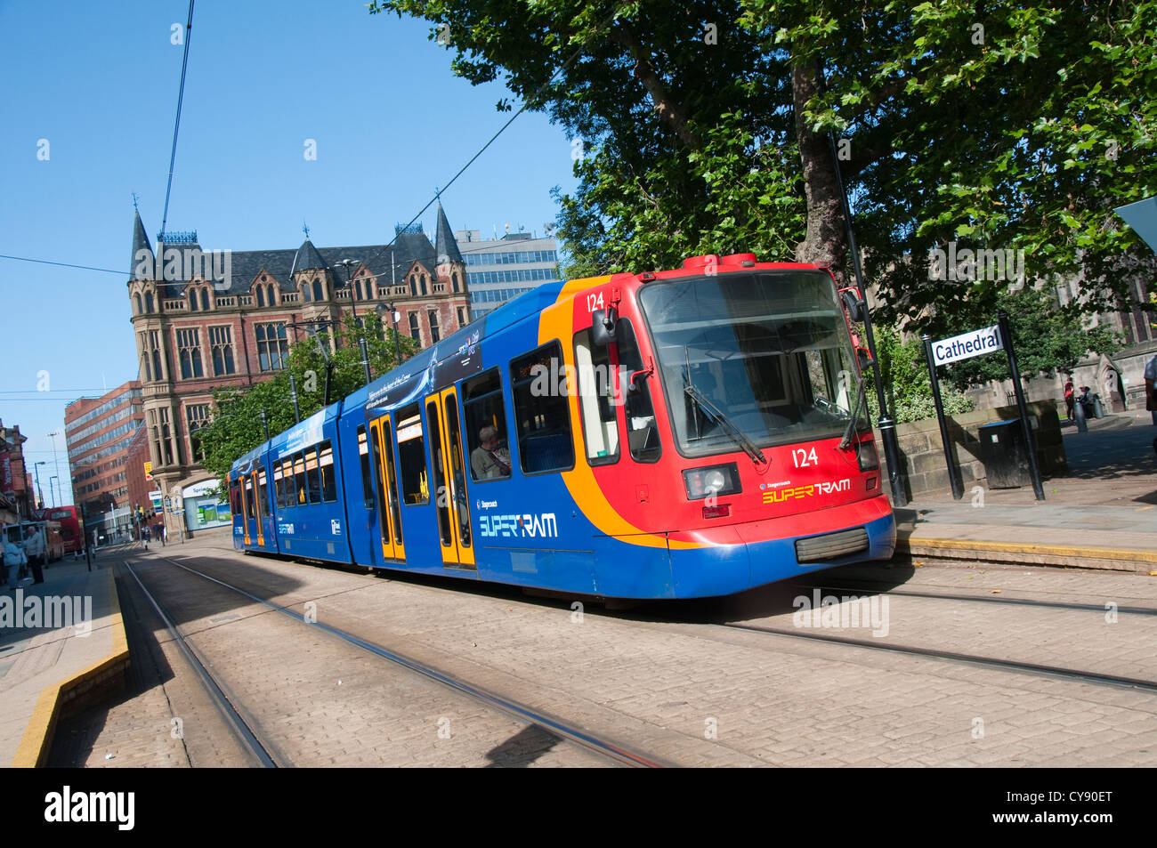 A tram in Sheffield City Centre, South Yorkshire UK Stock Photo