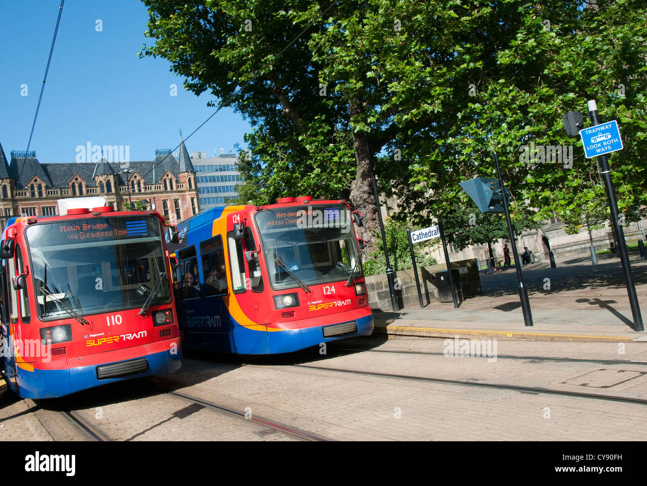 Trams in Sheffield City Centre, South Yorkshire UK Stock Photo