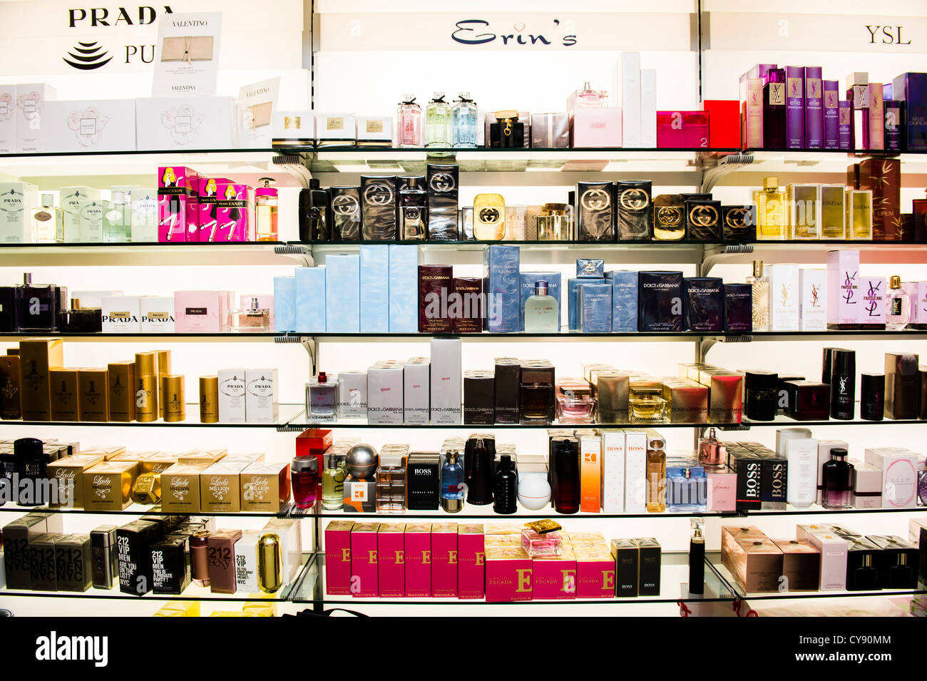 Jars and bottles of perfumes on shelves, Interior, perfume shop store, UK Stock Photo