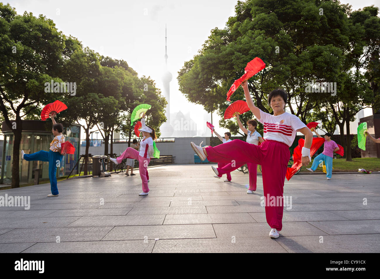 Shanghai China 2000. Morning exercises on the Bund. The