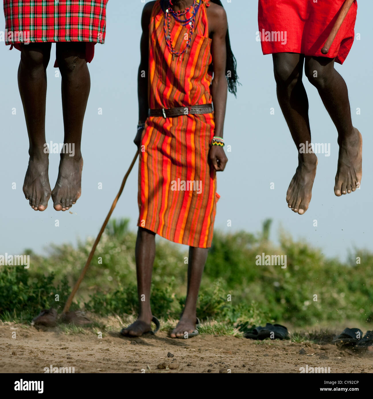 Maasai Warriors Dancing And Jumping, Kenya Stock Photo