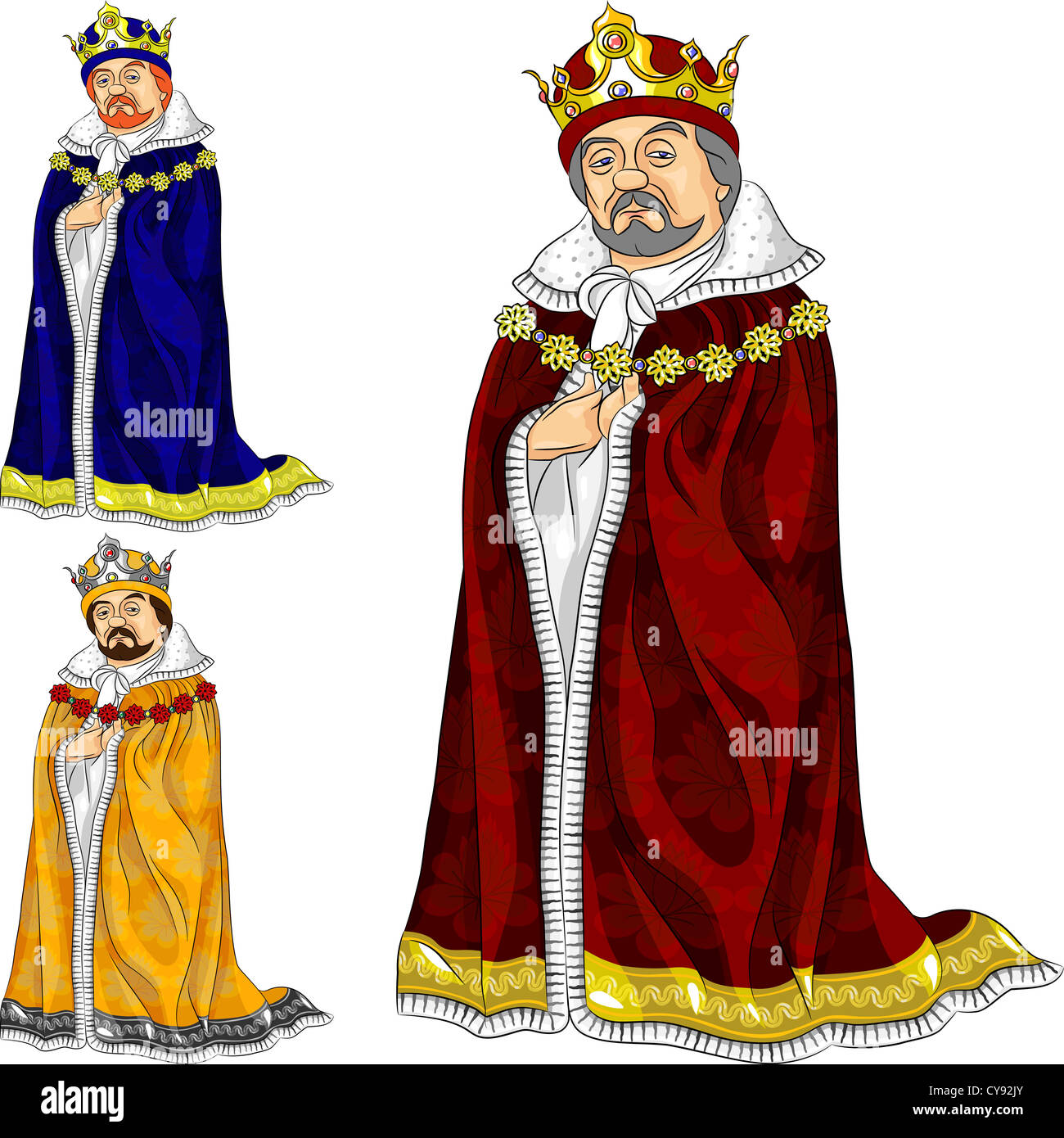 set of funny fairytale cartoon king in ceremonial robes and crown in three colors Stock Photo