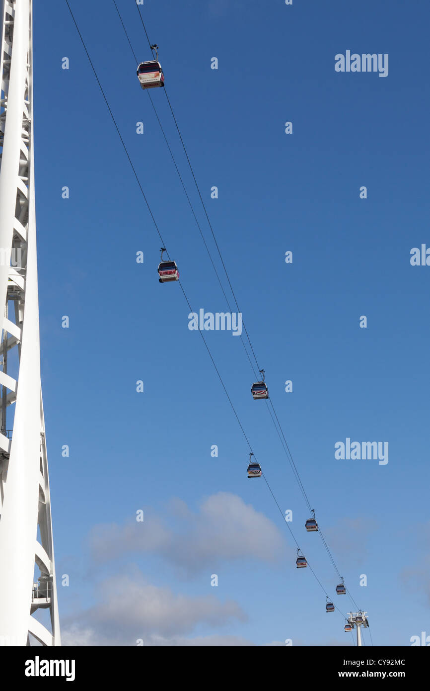 Lines of Emirates Air Line cable cars in sky above River Thames