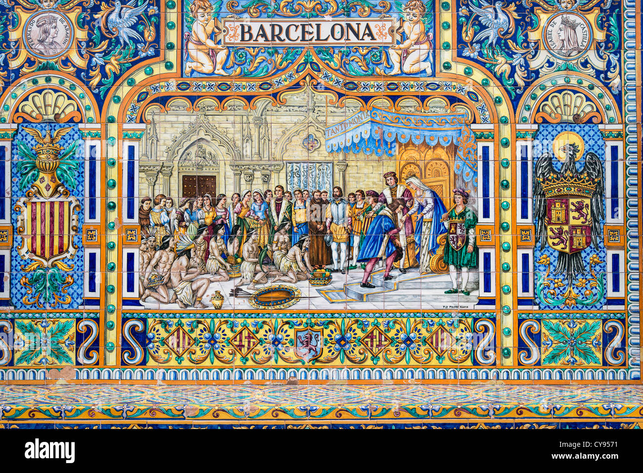 Tiled province alcove of Barcelona along the walls of the Plaza de España, Seville, Andalusia, Spain Stock Photo