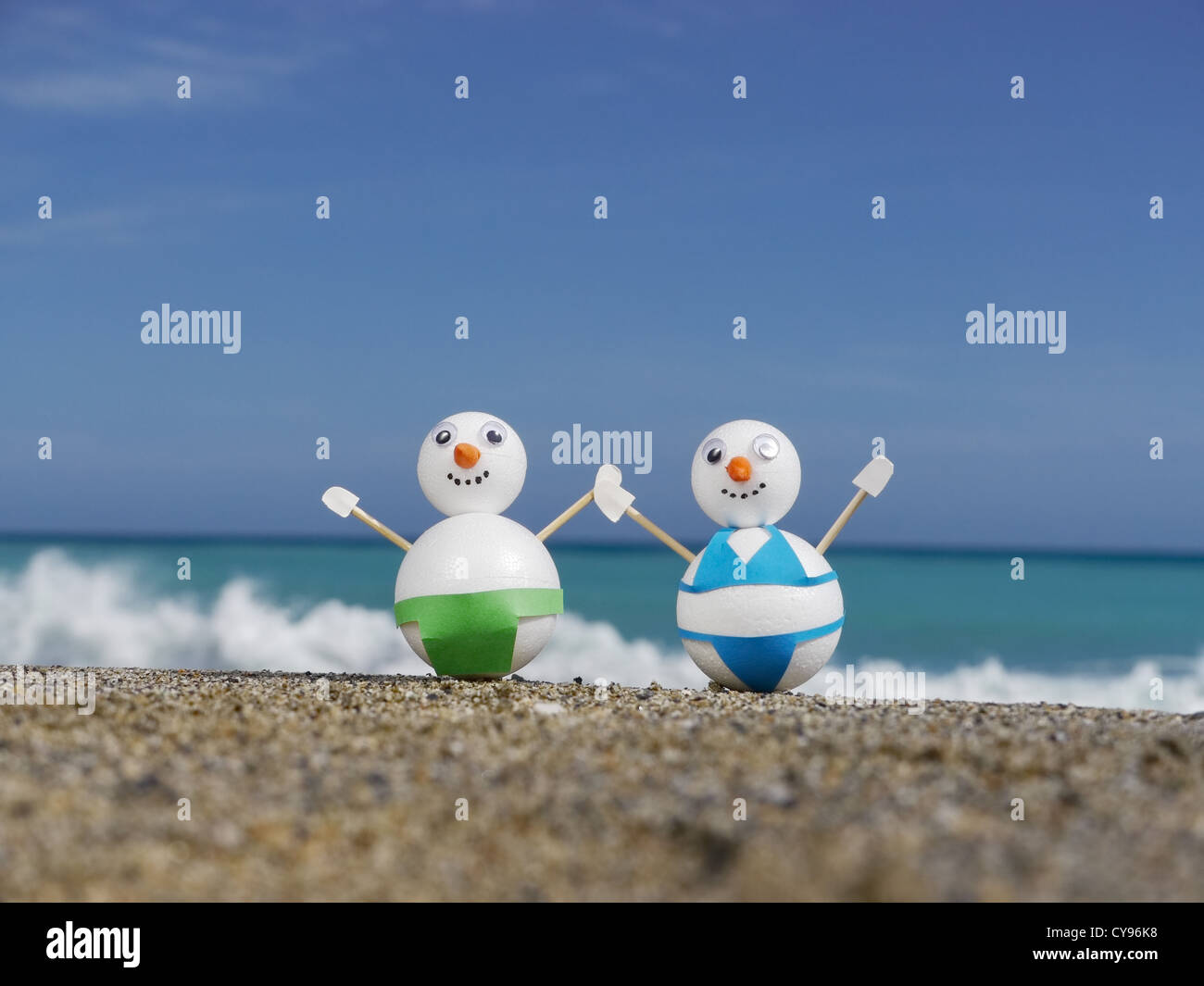 snowman beach vacation holidays from cold winter Stock Photo