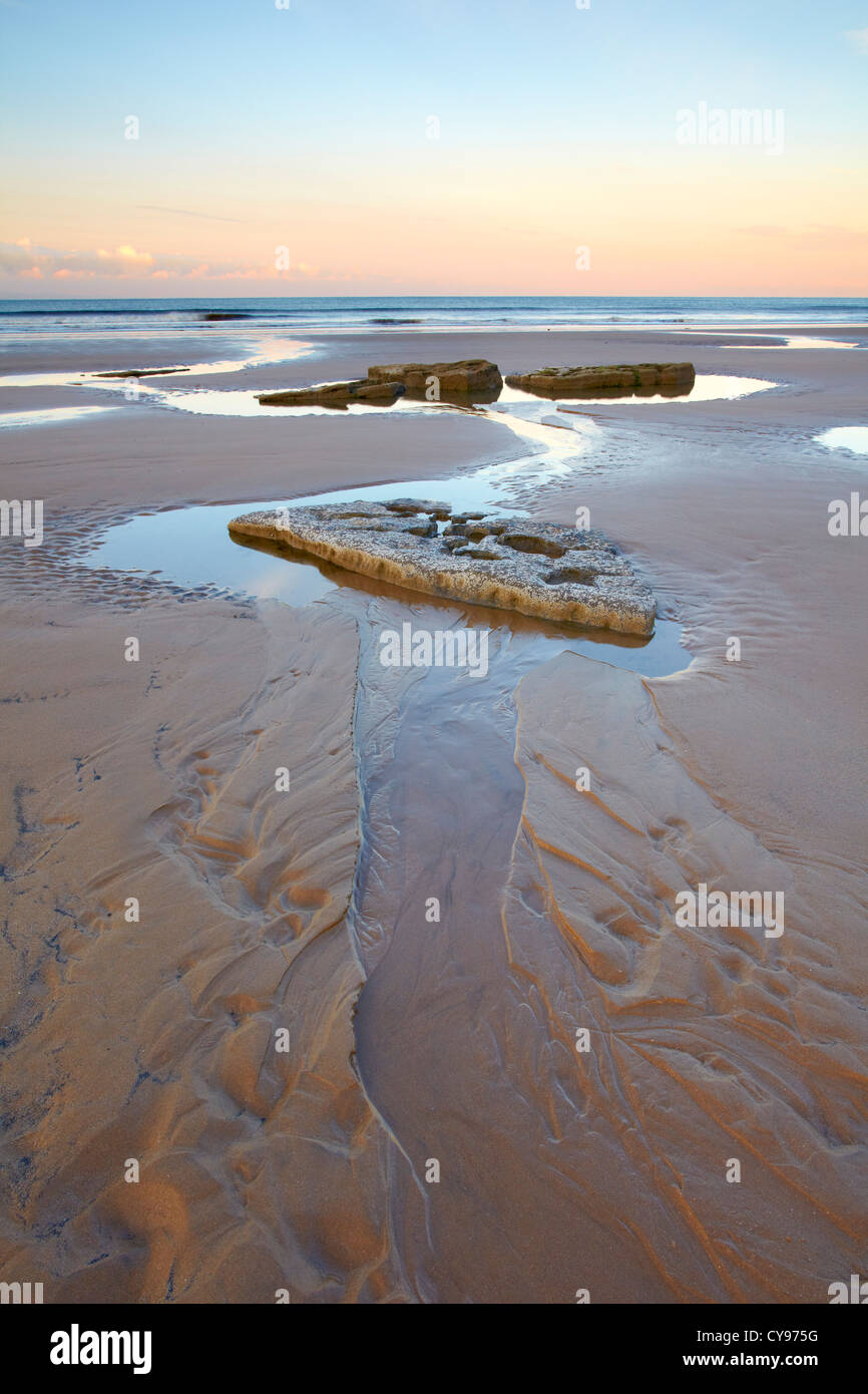 Pools and rocks on Dunraven Bay, Bridgend, low tide, dawn. Part of the Glamorgan Heritage Coast. Stock Photo