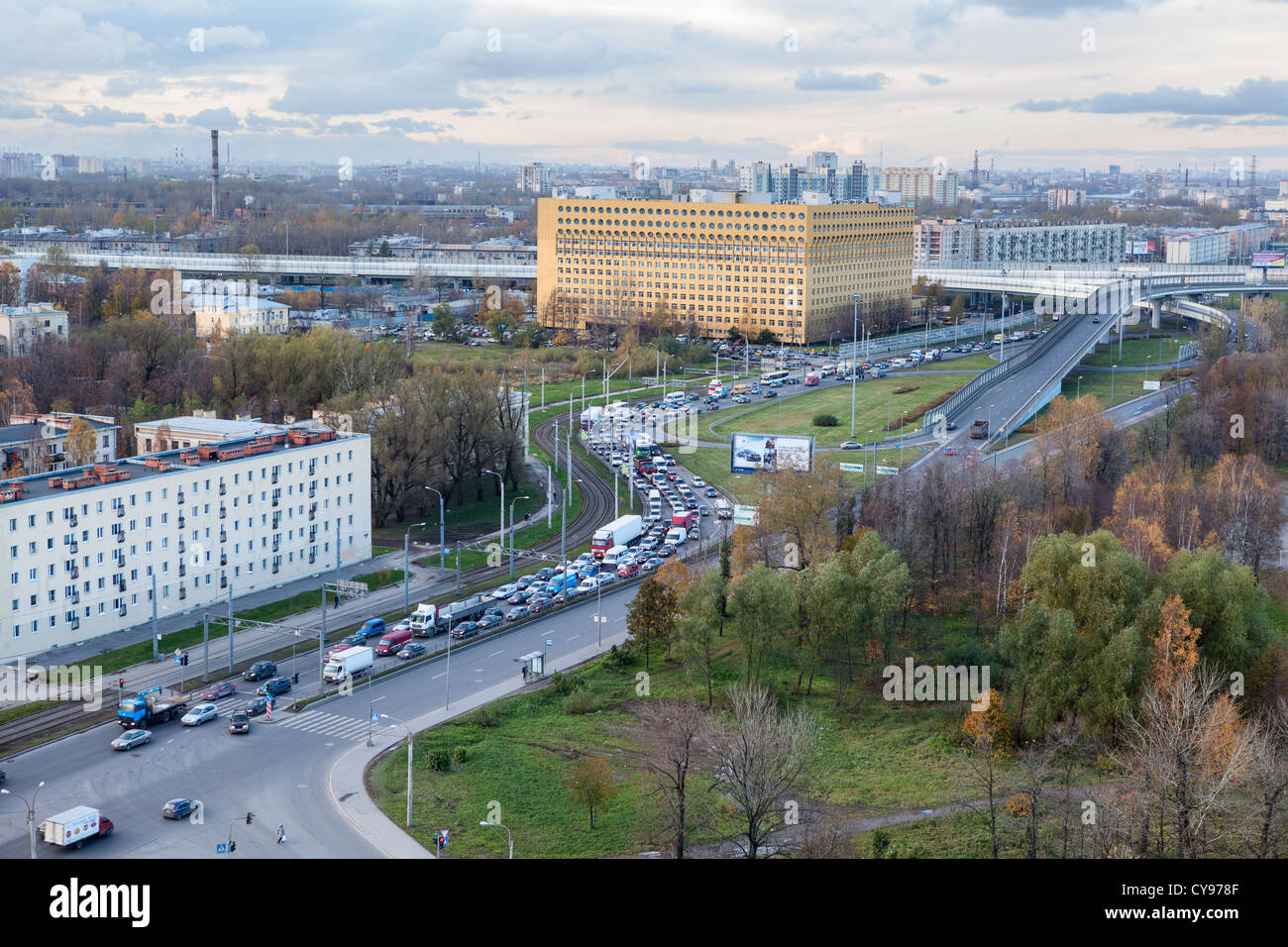 Obukhovskoy Oborony avenue in Saint-Petersburg, Russia. Top view. Crossroad with traffic vehicles Stock Photo