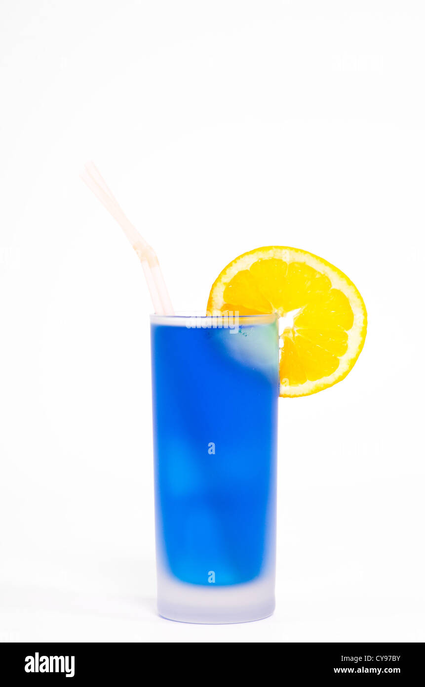 blue cocktail with ice and orange isolated Stock Photo