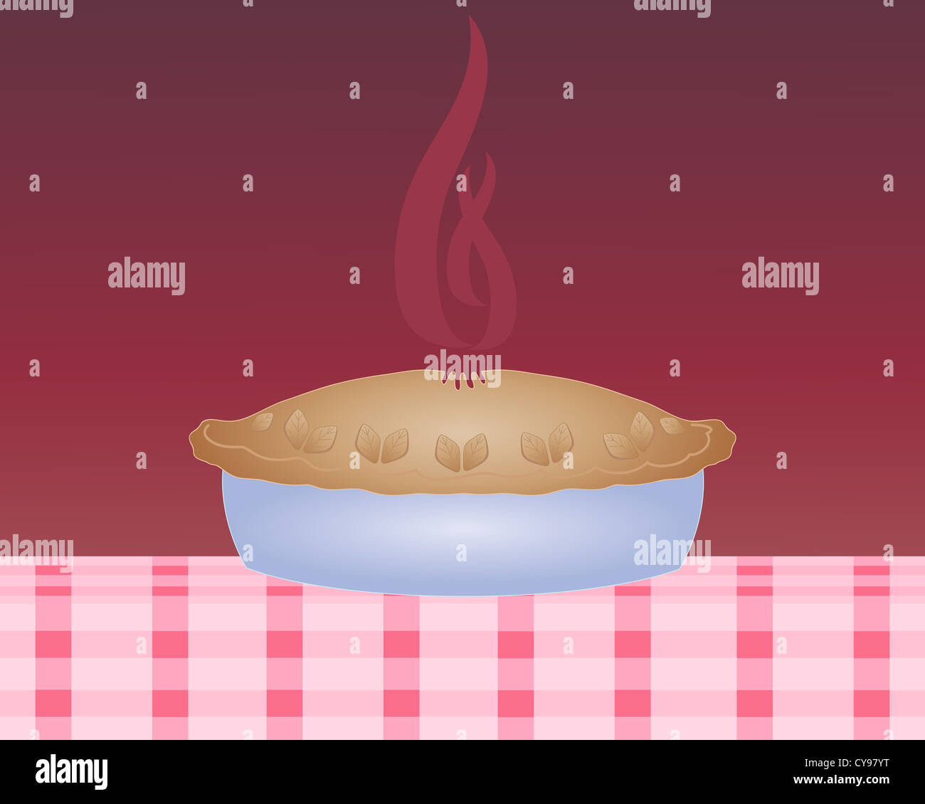 an illustration of a steaming hot pie in a blue dish with a thick crust