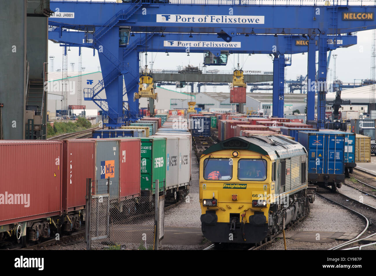 North rail freight terminal, port of Felixstowe, Suffolk, UK. Stock Photo