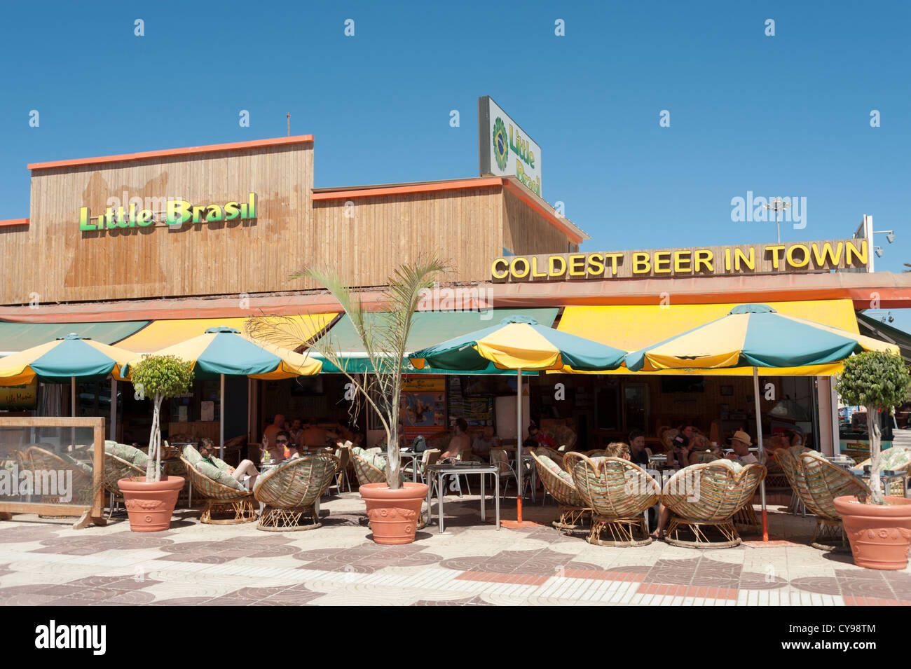 Sign on cafe coldest beer in town at Playa des Ingles Gran Canaria Canary Islands Spain Stock Photo