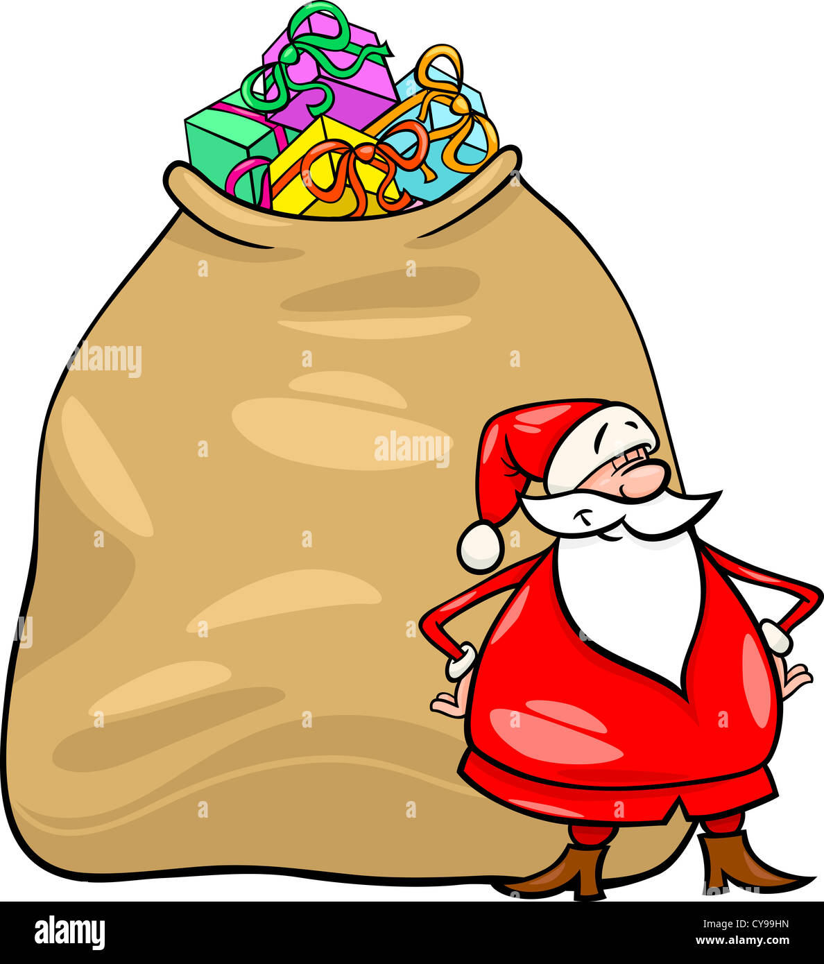 Cartoon Illustration of Funny Santa Claus or Papa Noel with Huge Sack ...