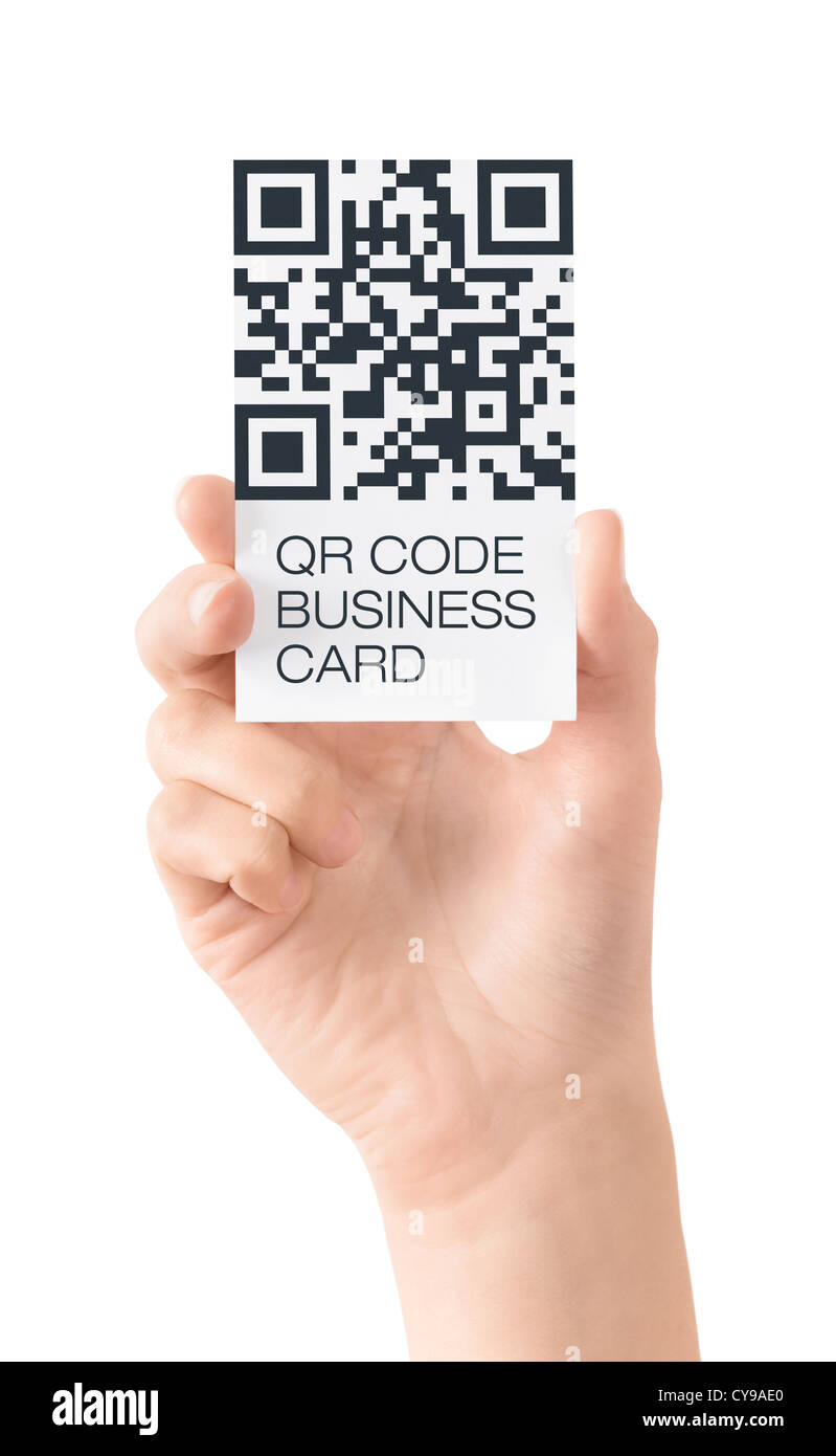 Hand showing business card with QR code data information. Isolated on ...