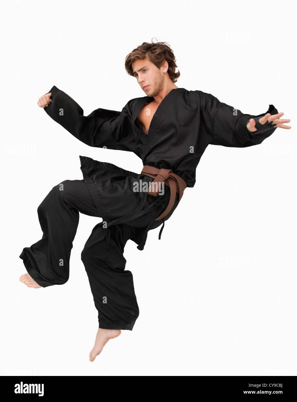 Martial arts fighter performing a jump kick Stock Photo Alamy