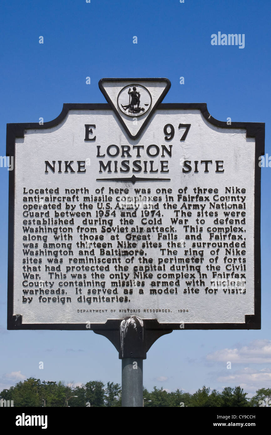 Historic Lorton Nike Missile Site E-97 sign along Furnace Road in Fairfax County Virginia. Stock Photo