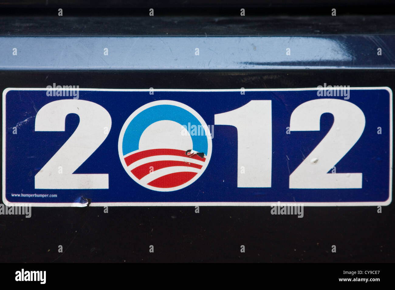 2012 Barack Hussein Obama political campaign sticker on an auto's rear bumper. Stock Photo