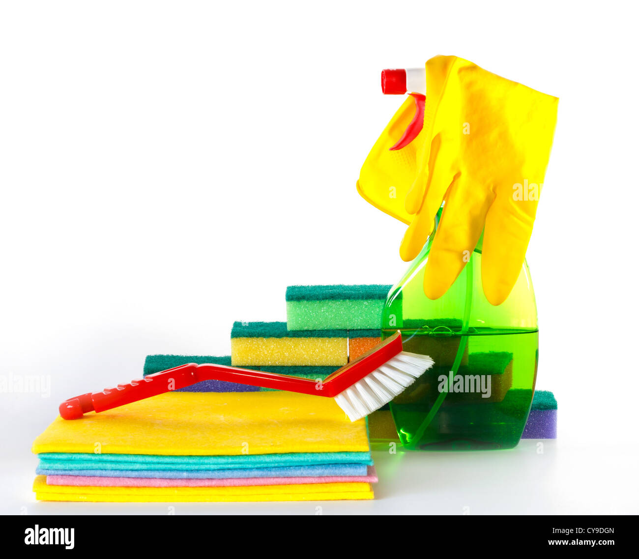 Various cleaning products displayed against a white background Stock Photo