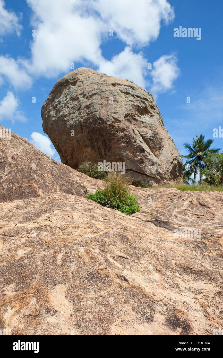 Sri Lanka landscape with unusual rocks above the Buddhist rock temple ...
