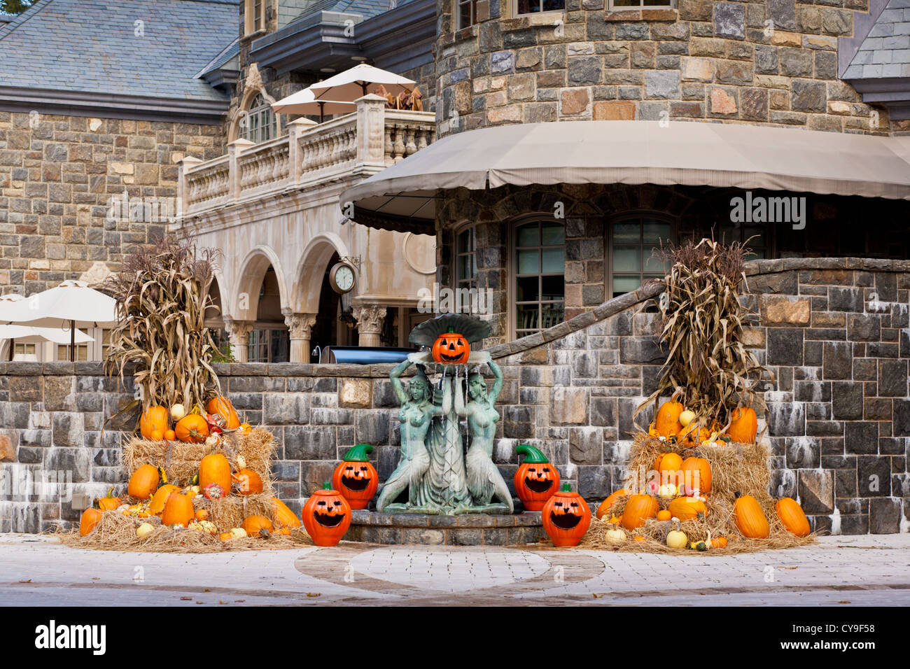 A mansion decorated with pumpkins for Halloween, Saratoga Springs, New