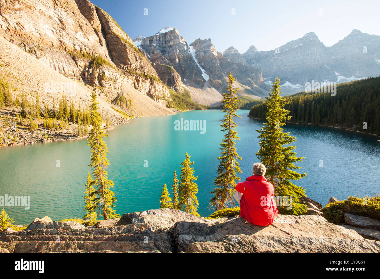 Moraine Lake in the Canadian Rockies is one of the most picturesque, beautiful places in the whole of the Rocky mountains. Stock Photo