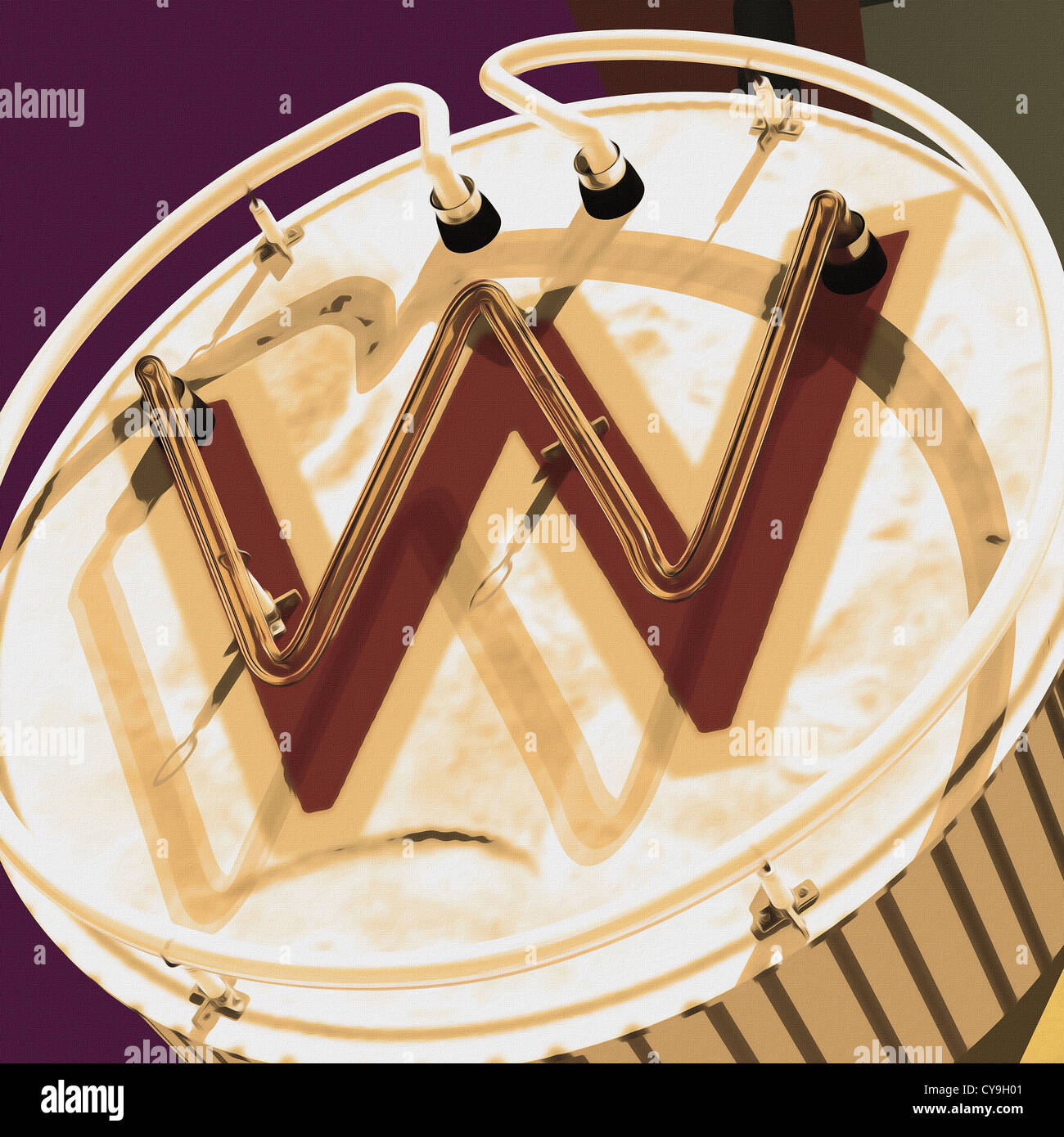 Painting of the letter W in neon with canvas texture. Stock Photo