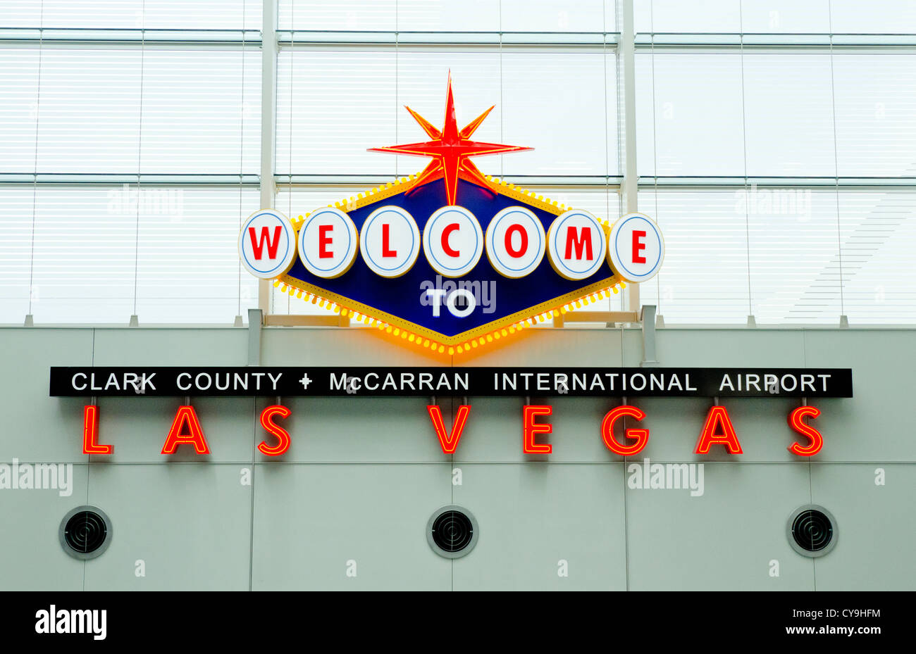 Las Vegas Welcome sign inside McCarran International Airport Stock Photo