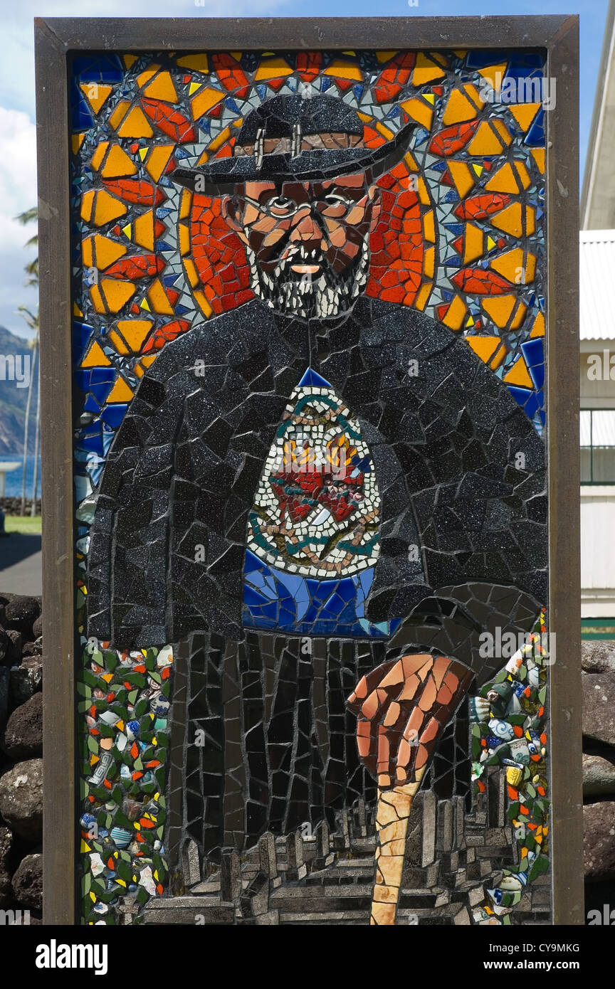 Elk284-6330v Hawaii, Molokai, Kalaupapa Peninsula NHP, Kalaupapa town, Father Damien church, Father Damien tile mosaic Stock Photo