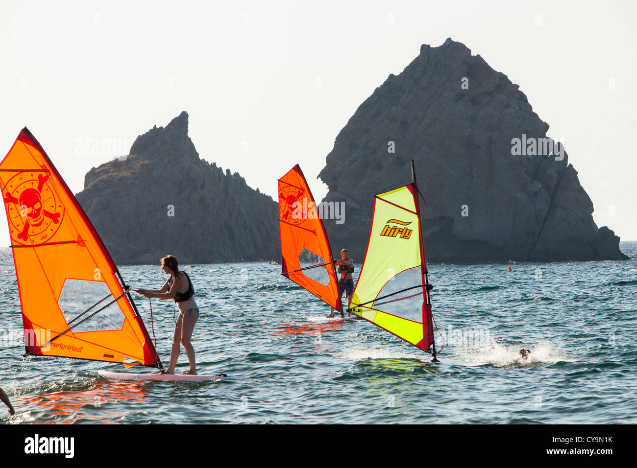 Learner Windsurfers off Myrina on Lemnos, Greece. Stock Photo