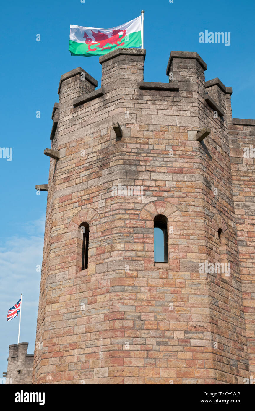 Wales, Cardiff Castle, Welsh and British flags Stock Photo