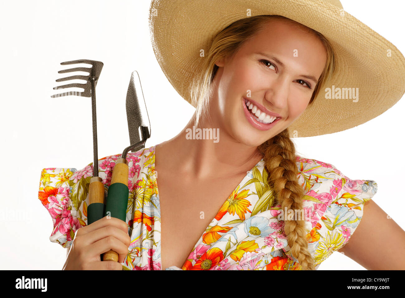 young woman gardener on white background Stock Photo - Alamy
