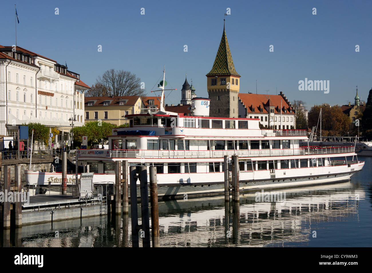 Tourboat in harbour at Lindau, Mangturm in back, Lake Constance, Germany Stock Photo