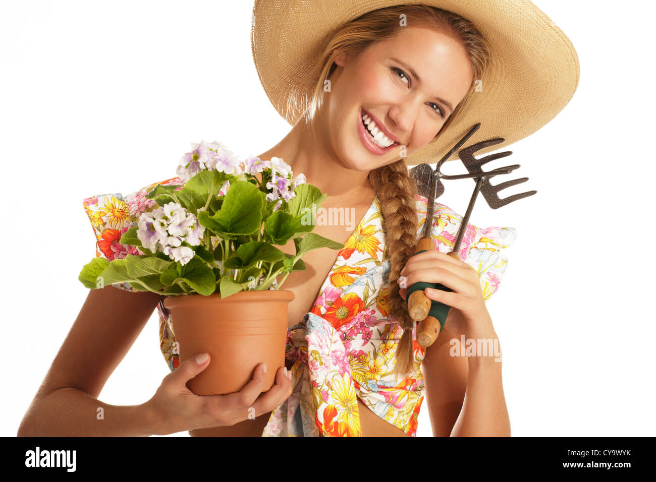 young woman gardener on white background Stock Photo - Alamy