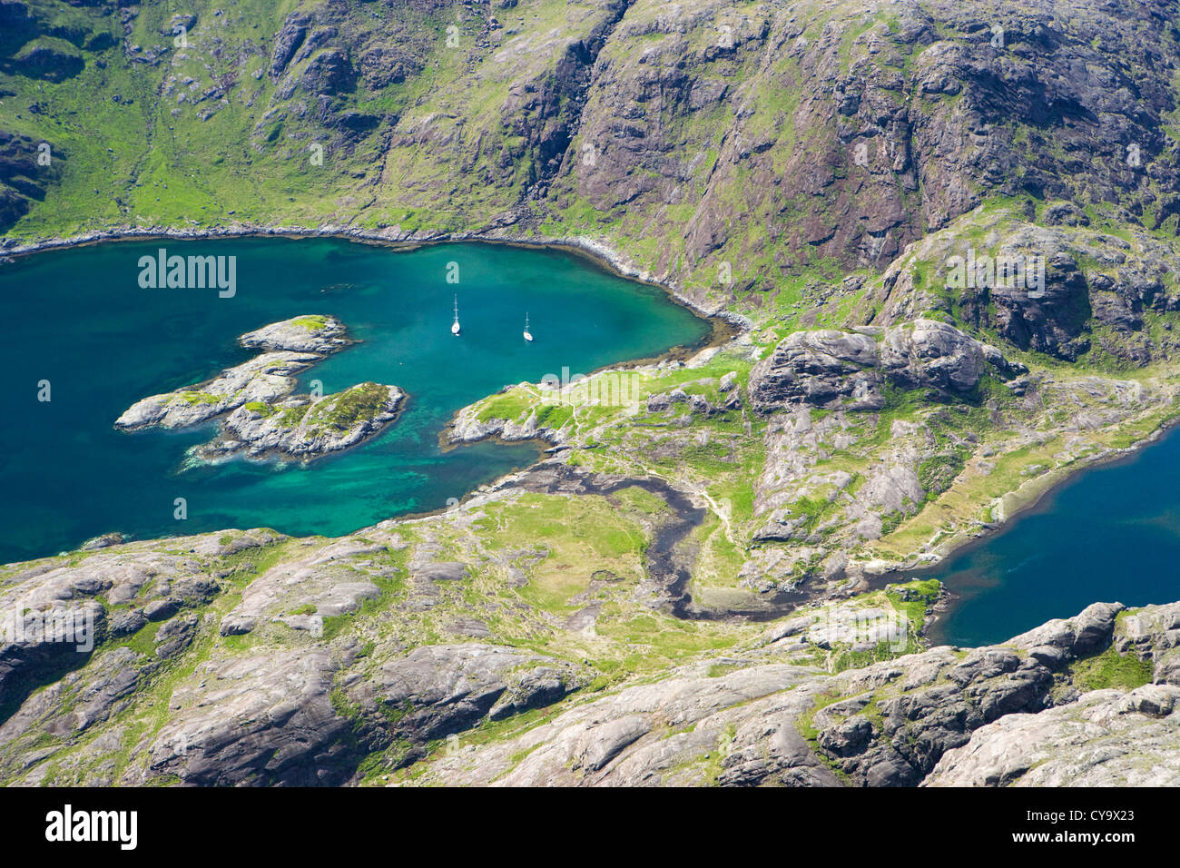 Loch na Cuilce and River Scavaig at head of Loch Scavaig from Sgurr na Stri, Isle of Skye, Highland, Scotland, UK. Stock Photo