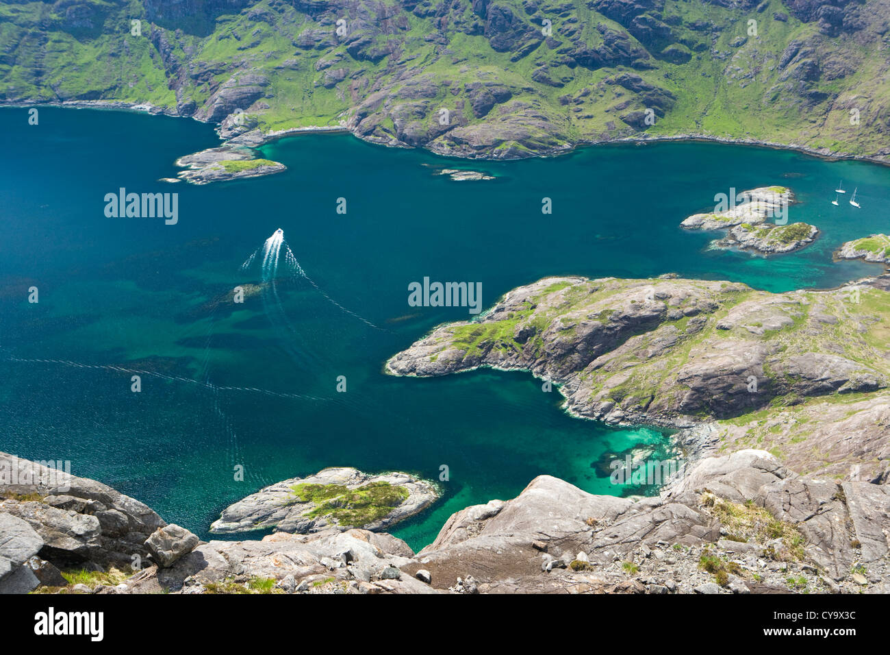 Loch na Cuilce at head of Loch Scavaig from Sgurr na Stri, Isle of Skye, Highland, Scotland, UK. Stock Photo