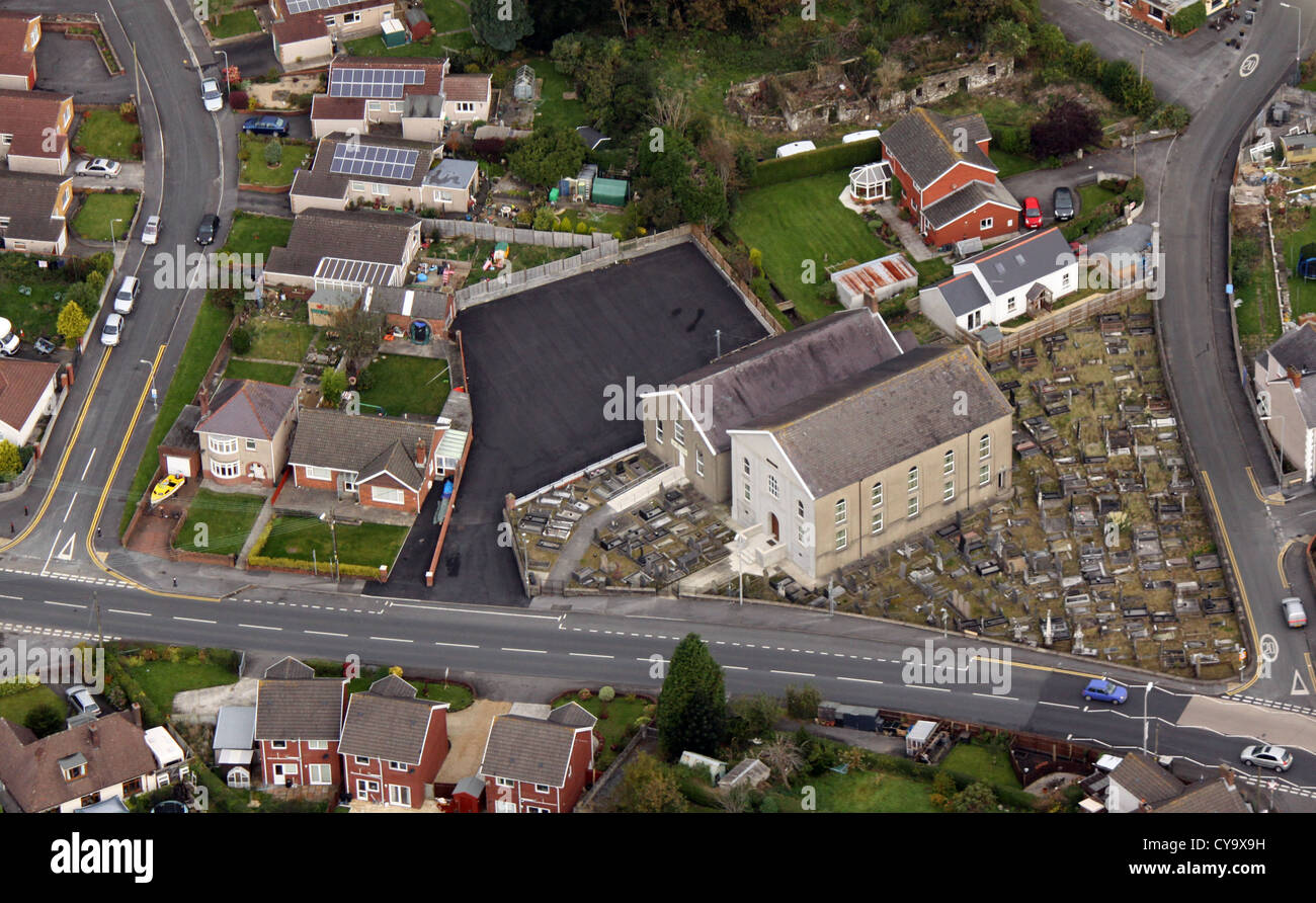 aerial view of two chapels next door to each other in Burry Port, South Wales Stock Photo