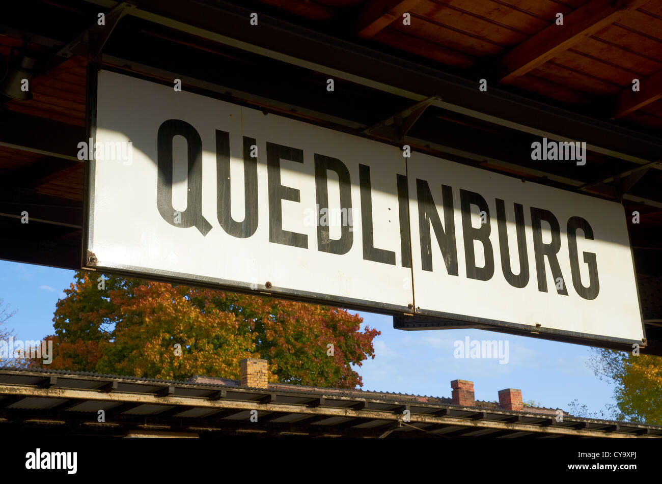 Quedlinburg Bahnhof (railway station) - mainline side - old station nameboard. Stock Photo