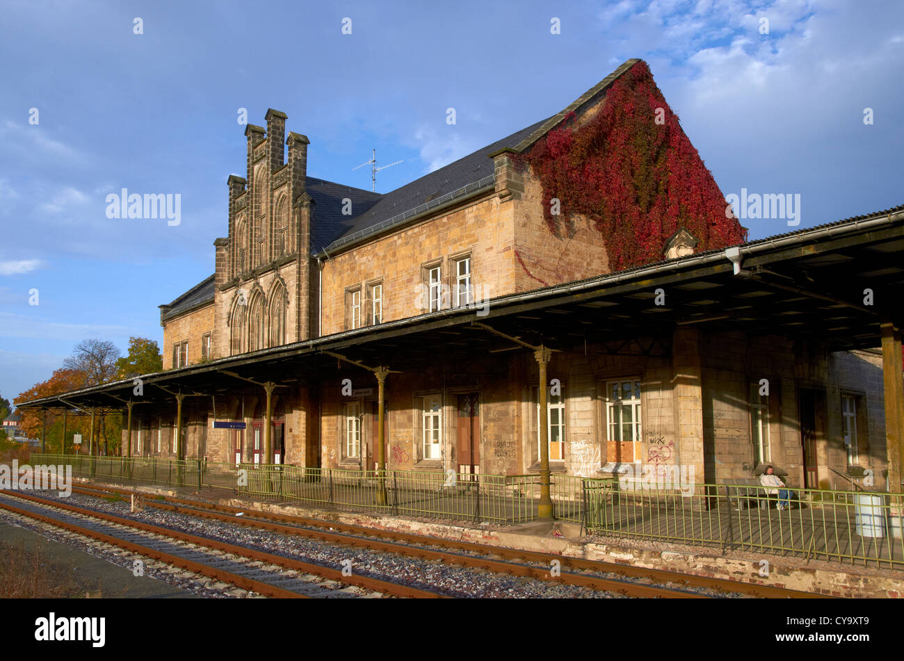 Quedlinburg Bahnhof (railway station) - mainline side showing impressive but largely disused station building. Stock Photo