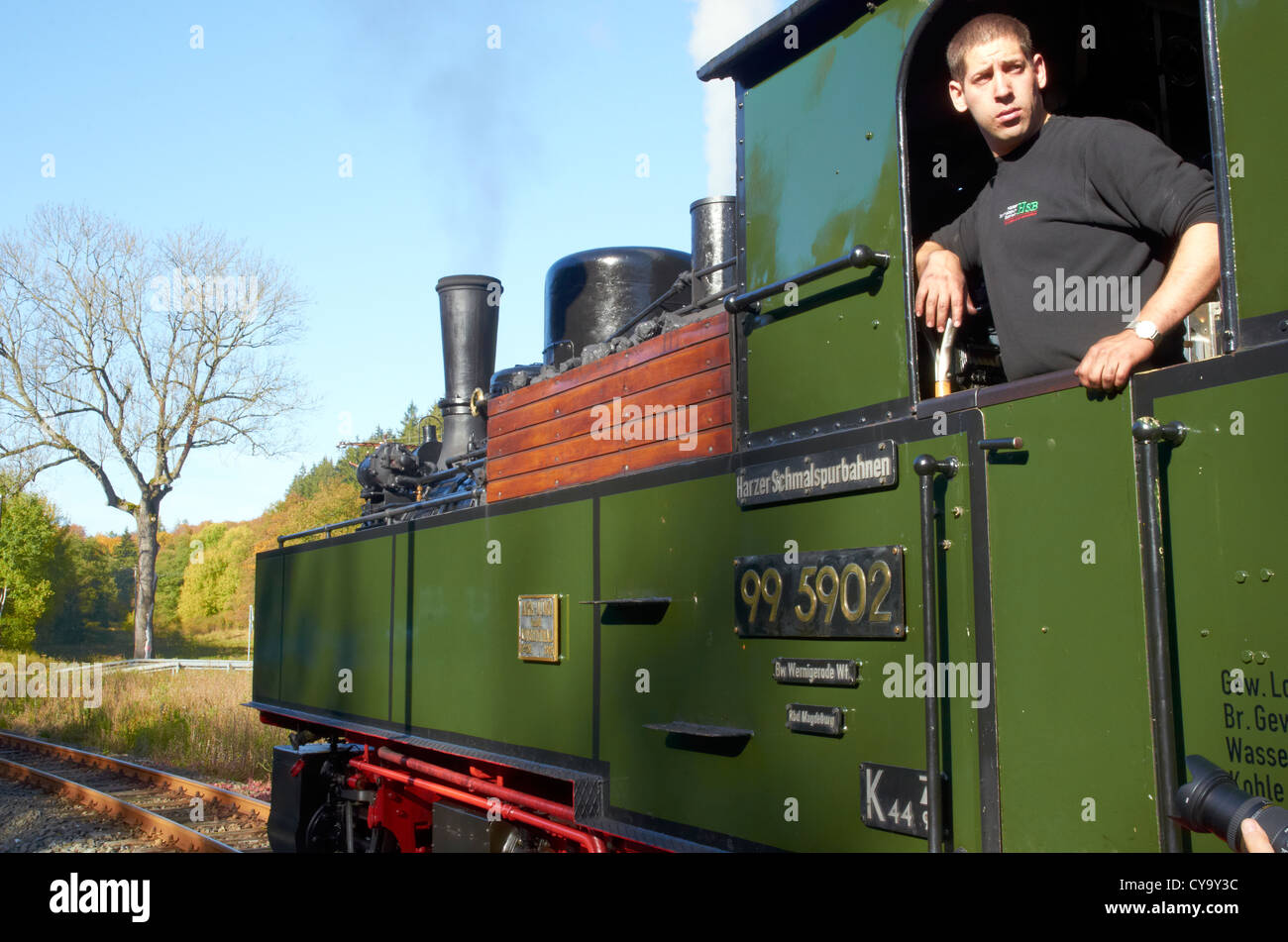 Harzer Schmalspurbahnen heritage steam loco Mallet 0-4-4-0T 99 5902.Fireman looking back for the right away. Stock Photo