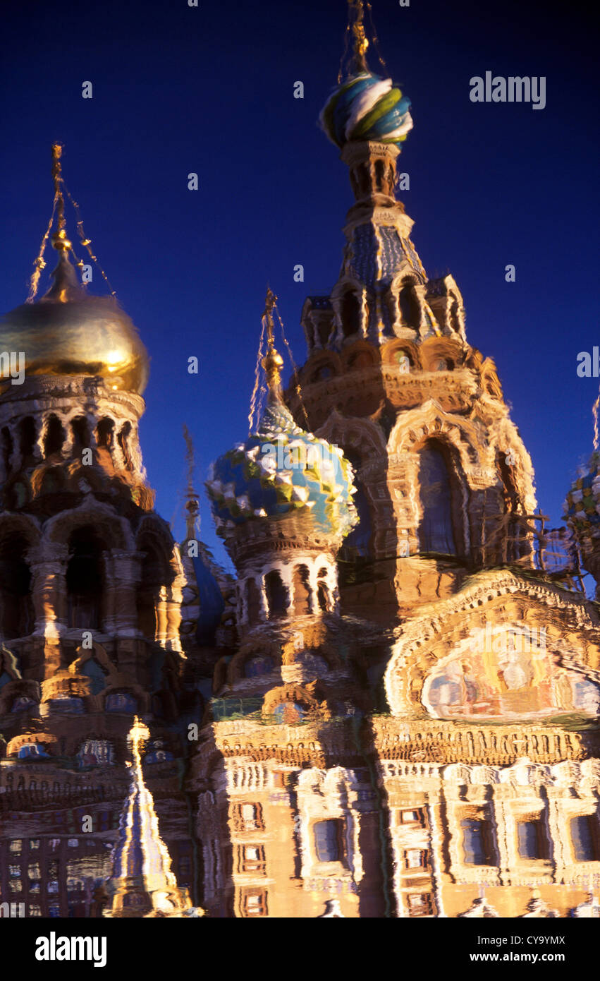 the resurrection church or ¨The church of our Savior on the spilled blood¨ in S:t Petersburg, Russia, mirrored in the river Neva Stock Photo