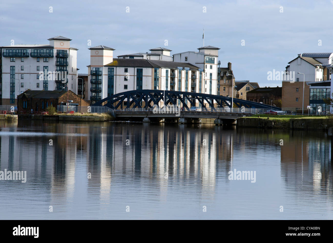 New flats and the old swing bridge next to Leith Docks, Edinburgh