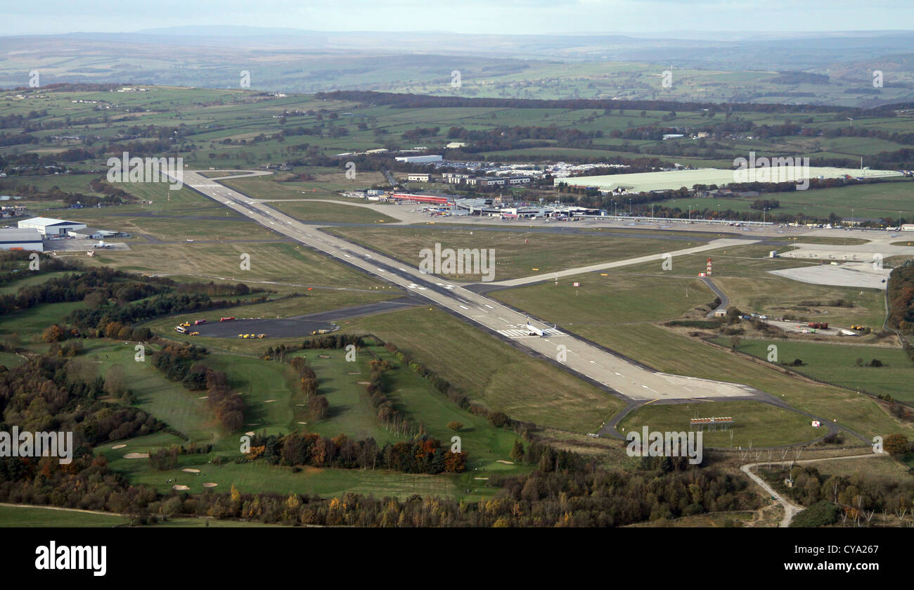 aerial view of Leeds Bradford airport with a Ryanair jet at the end of