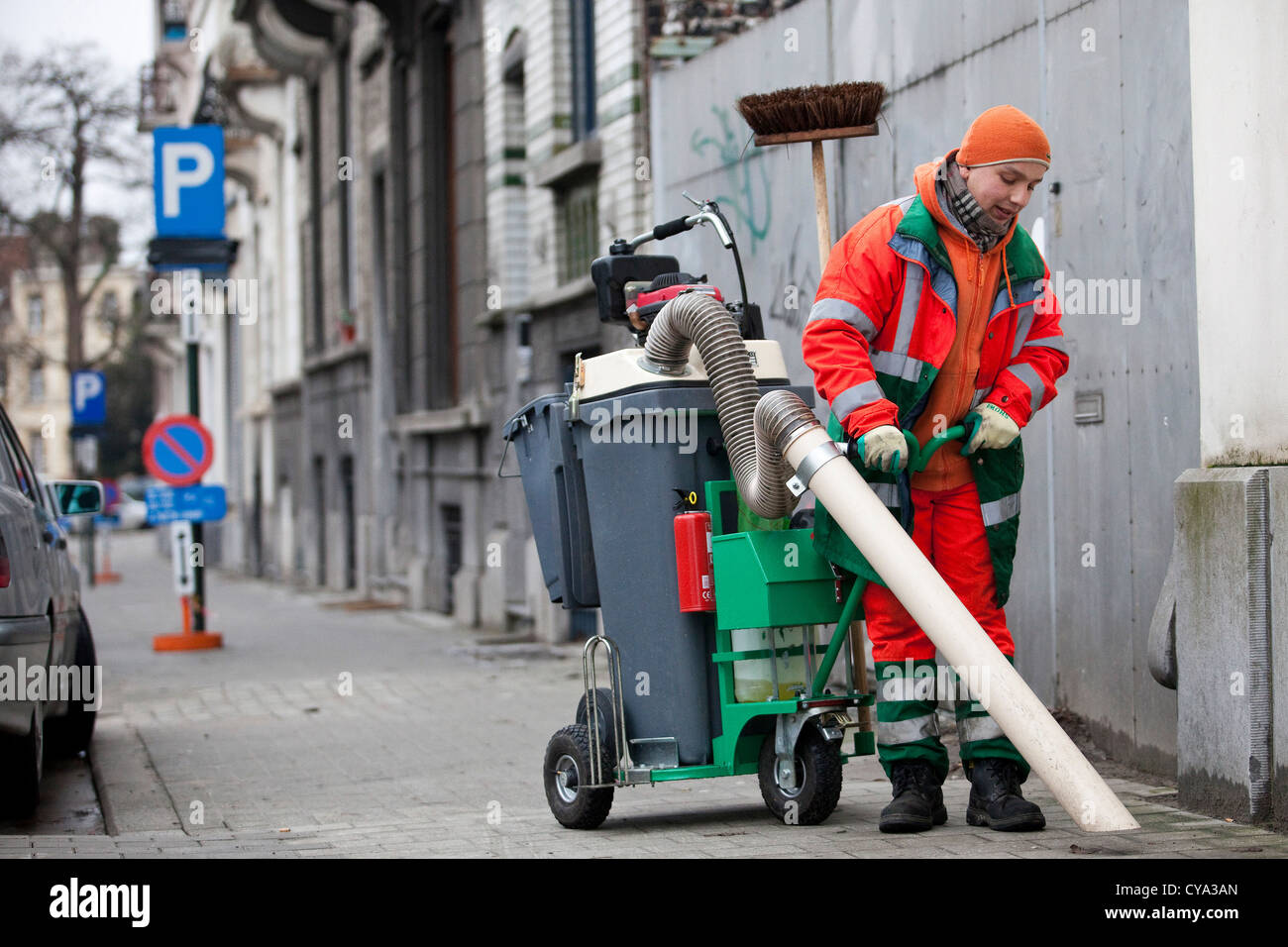Street cleaning worker in Brussels, Belgium Stock Photo Alamy