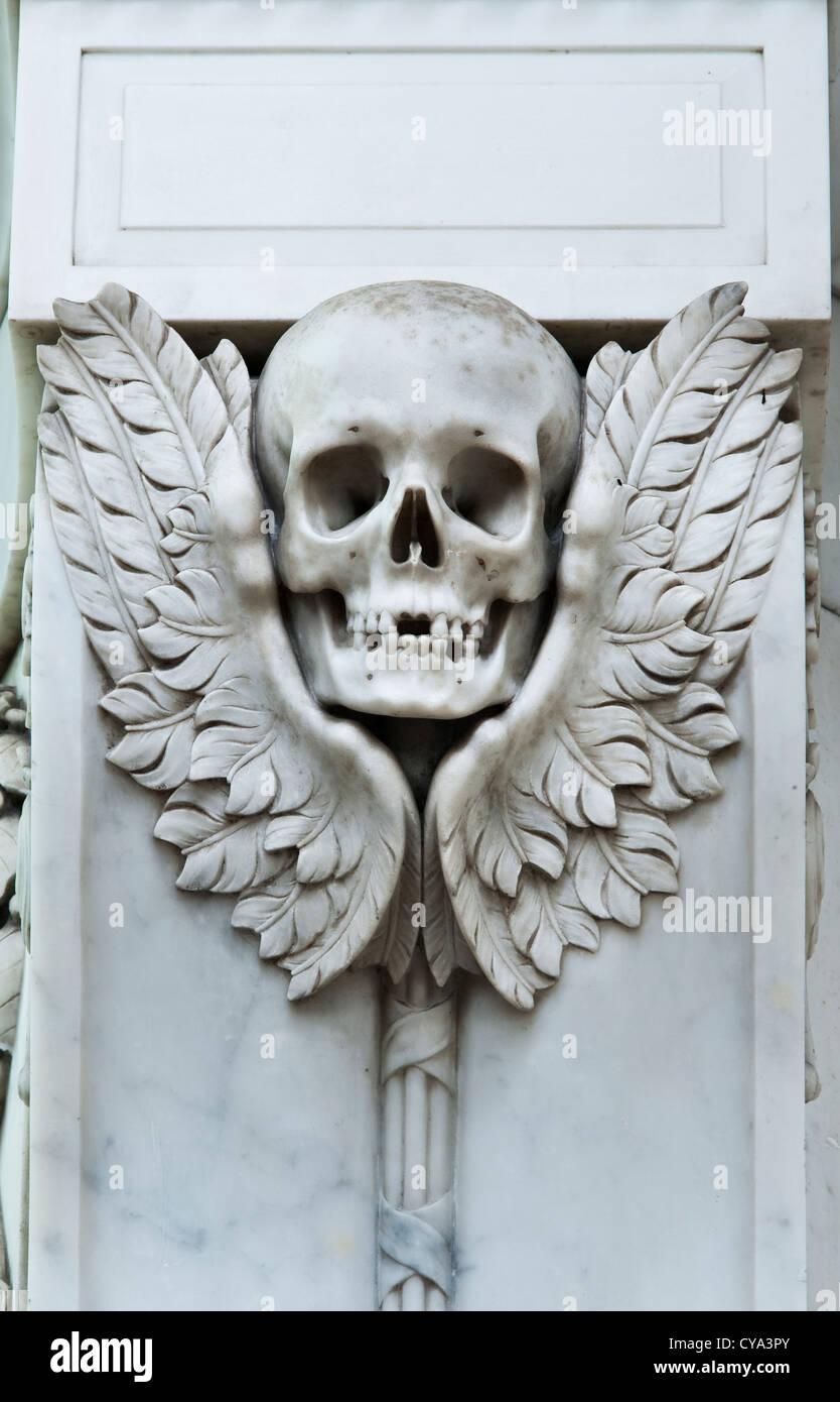 A winged death's head, part of an 18c monument to Bishop Trevor by Nollekens, St Peter's Chapel, Auckland Castle, Bishop Auckland, County Durham, UK Stock Photo