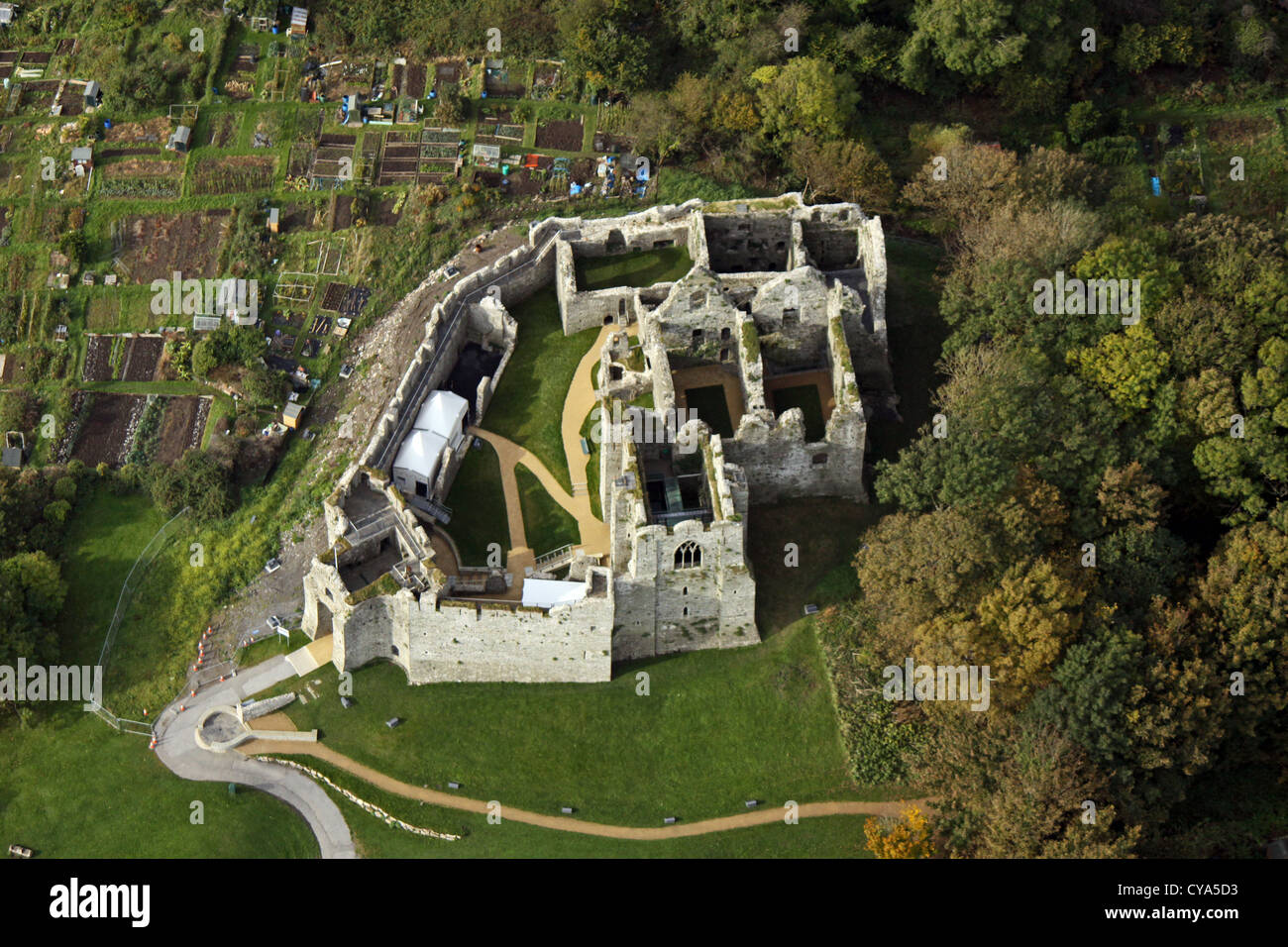 aerial view of Oystermouth Castle in the Mumbles at Swansea Bay Stock Photo