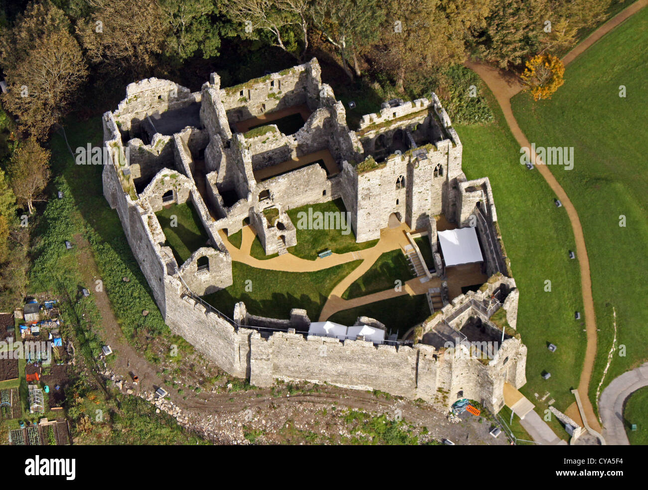 aerial view of Oystermouth Castle in the Mumbles at Swansea Bay Stock Photo