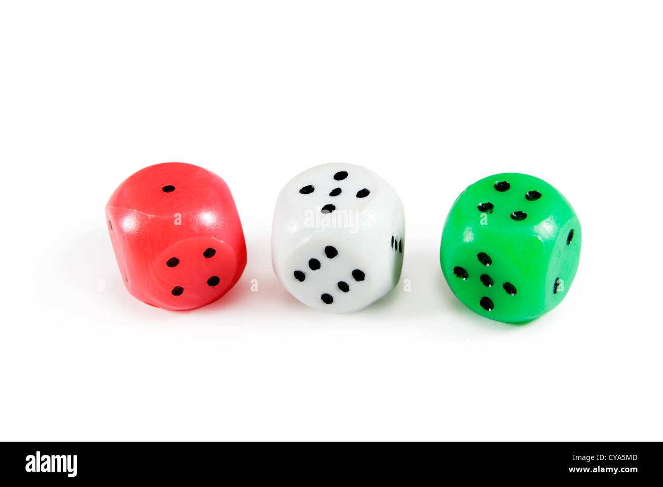 Three dices - red, white and green color isolated on white background Stock Photo