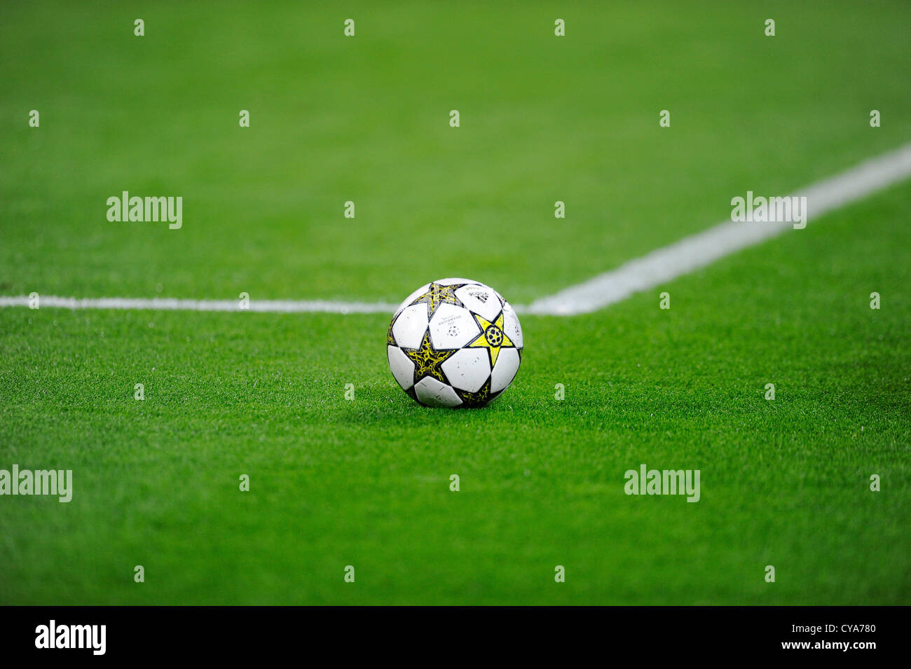 Champions League Ball 'Adidas Final 2013' on the football pitch Stock Photo