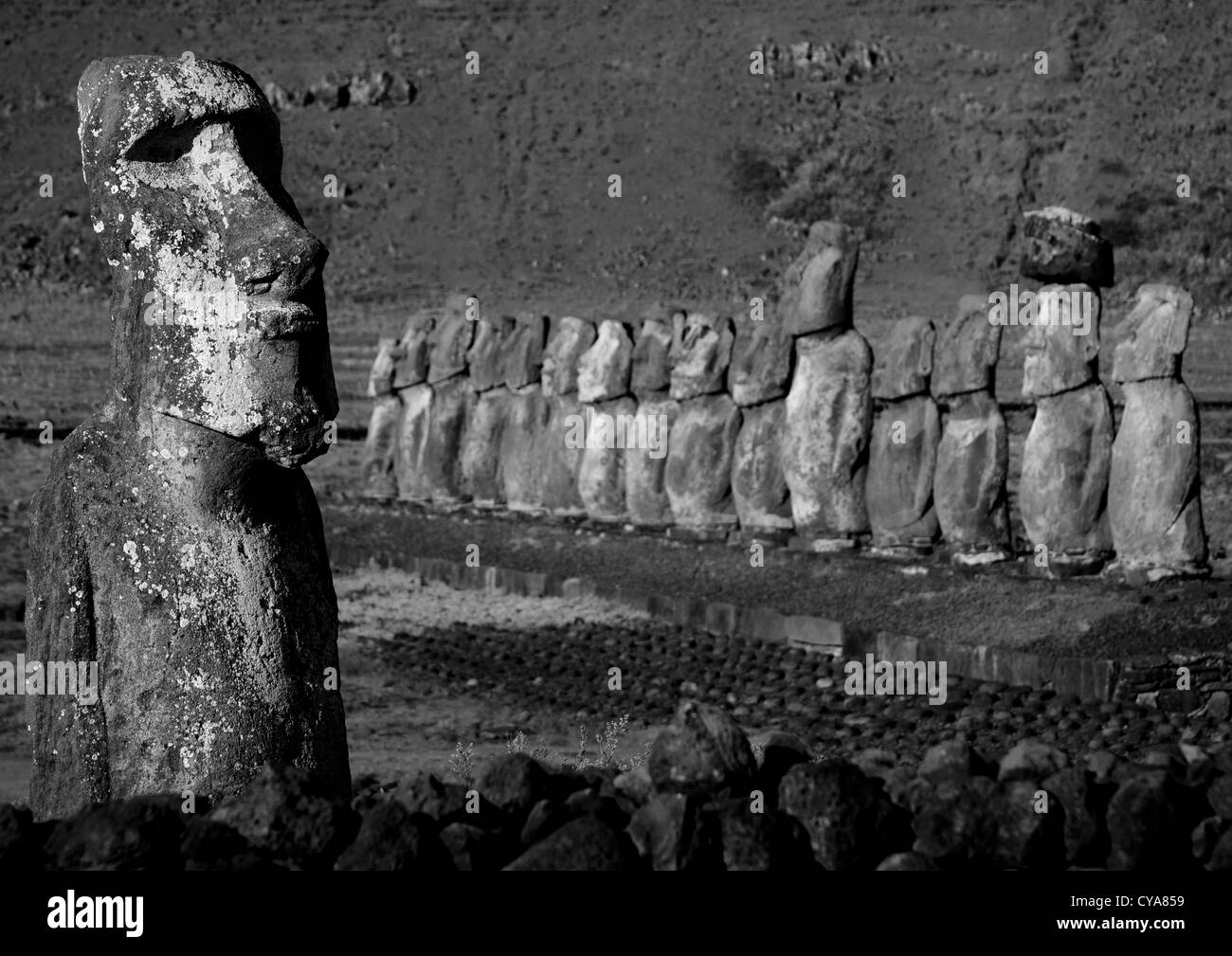 Monolithic Moai Statues At Ahu Tongariki, Easter Island, Chile Stock Photo