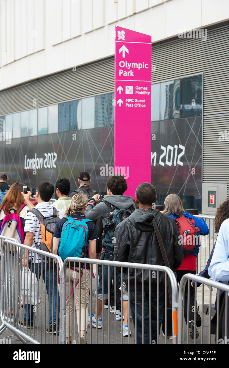 People queuing to enter the Olympic Park during the London 2012 Olympic Games. Stock Photo