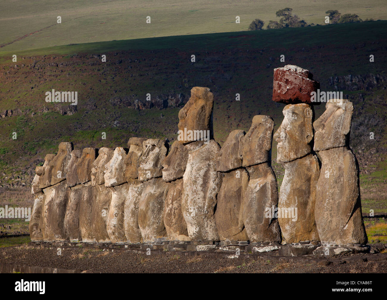 Monolithic Moai Statues At Ahu Tongariki, Easter Island, Chile Stock Photo